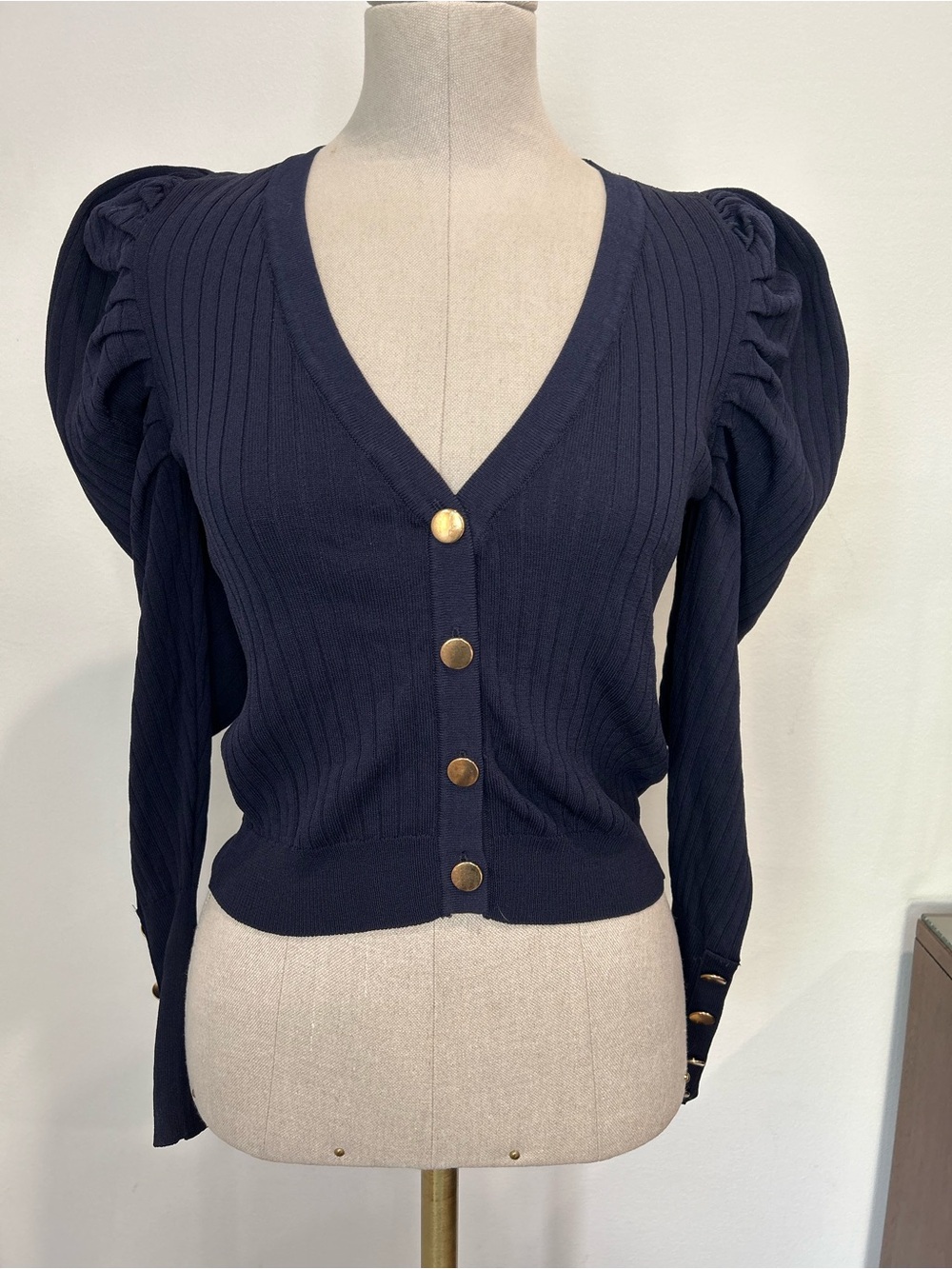 ZARA - Navy Ribbed Long Puff Sleeve Cardigan Gold Toned Buttons Size S